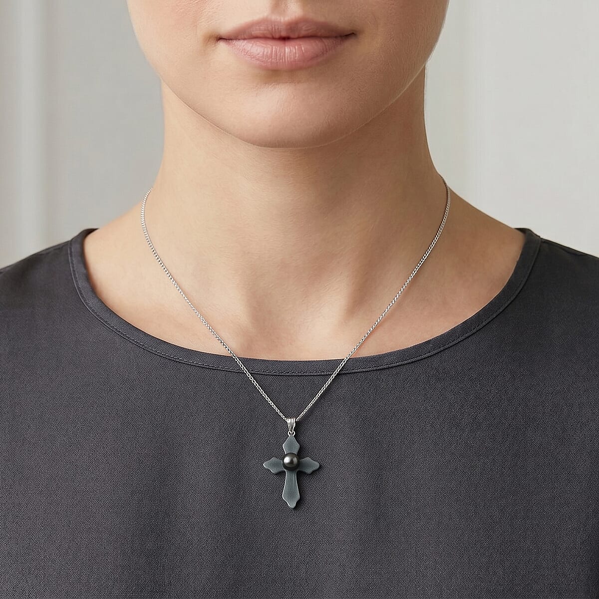 D'Joy Tahitian Pearl and Natural Olmec Jadeite 10.90 ctw Cross Pendant Necklace in Rhodium Over Sterling Silver 18 Inches image number 2