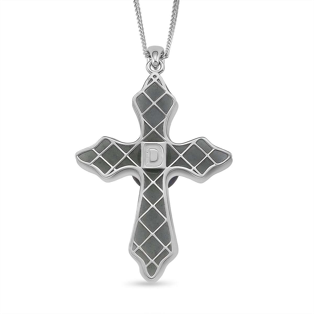 D'Joy Tahitian Pearl and Natural Olmec Jadeite 10.90 ctw Cross Pendant Necklace in Rhodium Over Sterling Silver 18 Inches