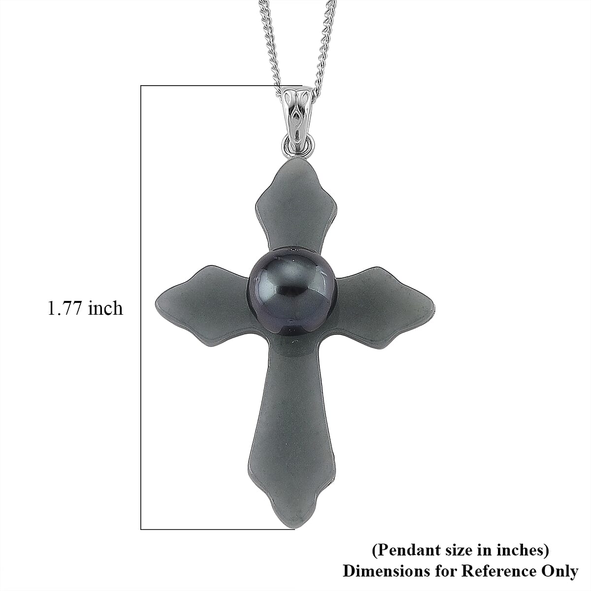 D'Joy Tahitian Pearl and Natural Olmec Jadeite 10.90 ctw Cross Pendant Necklace in Rhodium Over Sterling Silver 18 Inches