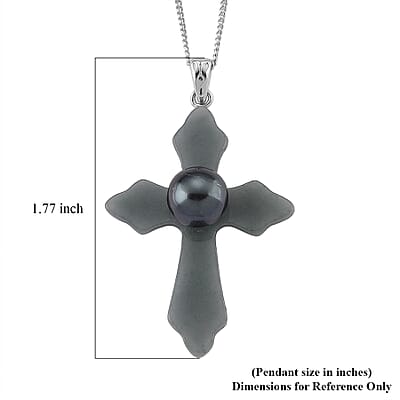 D'Joy Tahitian Pearl and Natural Olmec Jadeite 10.90 ctw Cross Pendant Necklace in Rhodium Over Sterling Silver 18 Inches