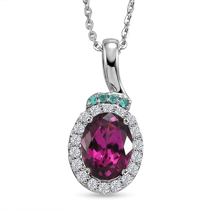 Certified & Appraised D'Joy Premium Radiant Ember Garnet, Paraiba Tourmaline and Moissanite 2.05 ctw Pendant Necklace in Rhodium Over Sterling Silver (20 Inches)