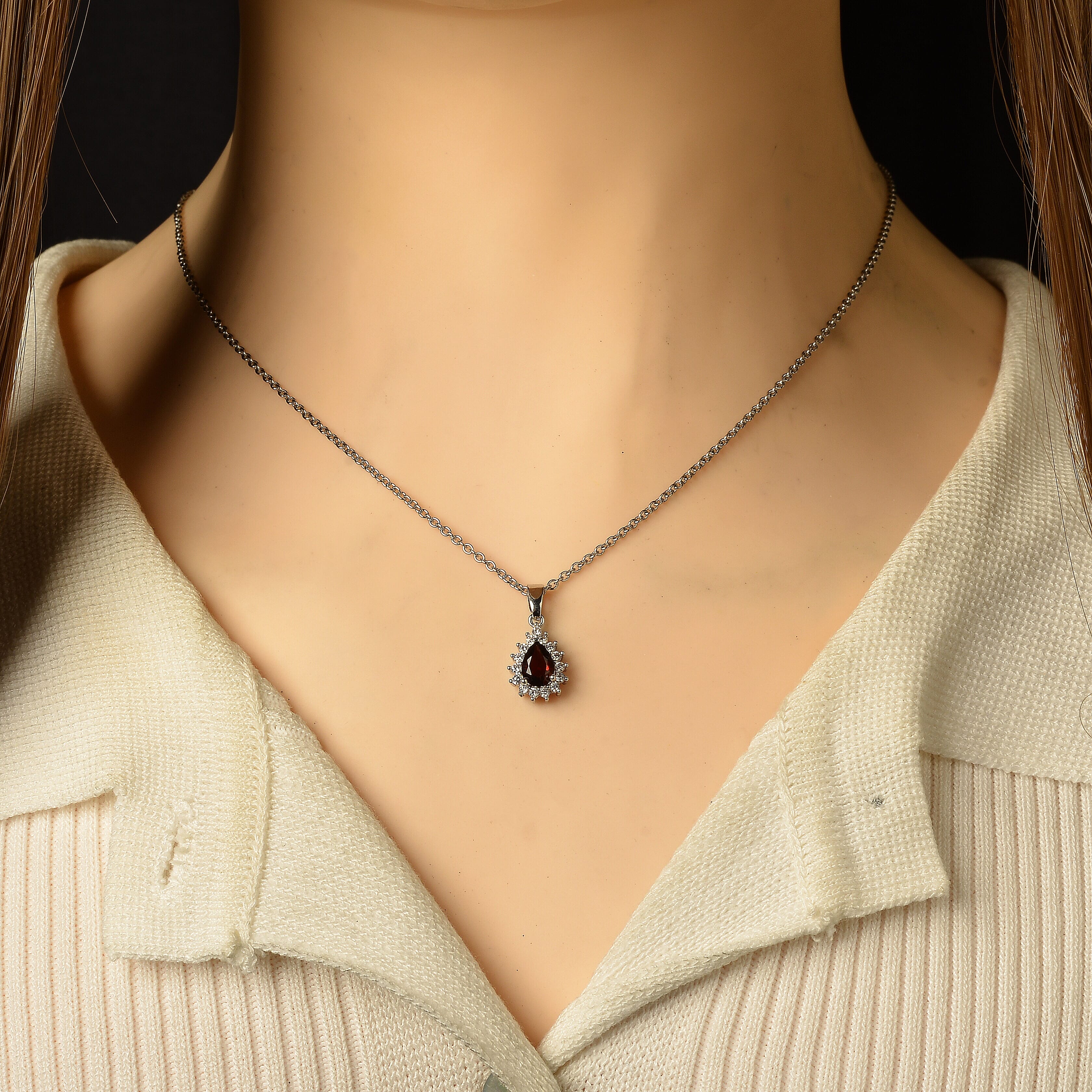 Mozambique Garnet and Simulated Diamond 2.00 ctw Pendant in Silvertone with Stainless Steel Necklace (20 Inches)