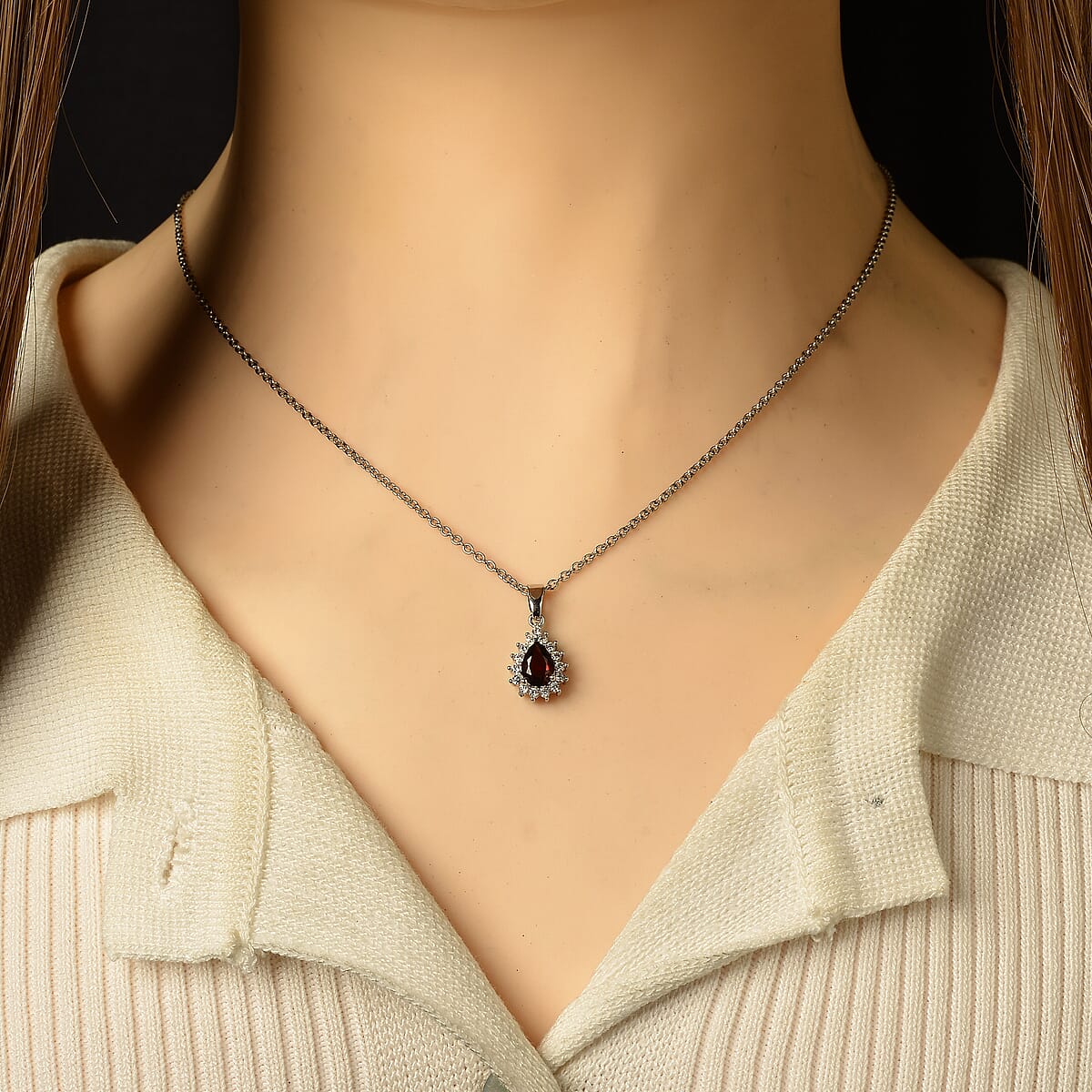 Mozambique Garnet and Simulated Diamond 2.00 ctw Pendant in Silvertone with Stainless Steel Necklace (20 Inches) image number 1