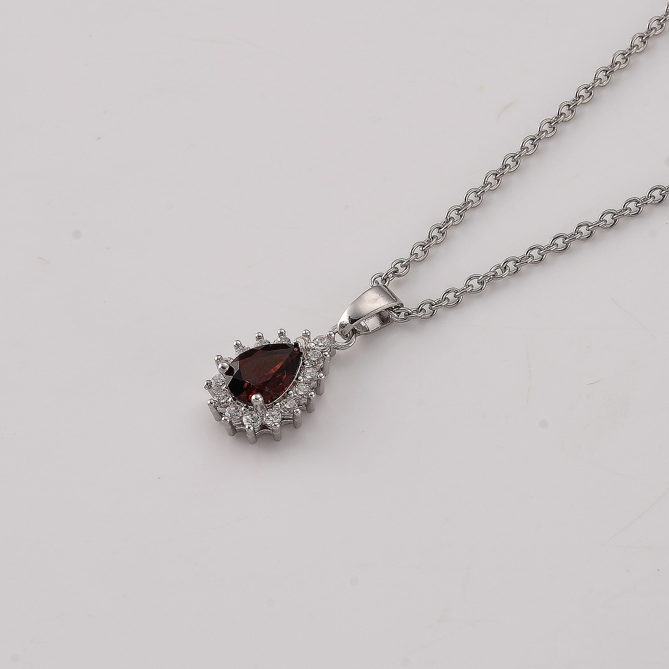 Mozambique Garnet and Simulated Diamond 2.00 ctw Pendant in Silvertone with Stainless Steel Necklace (20 Inches)
