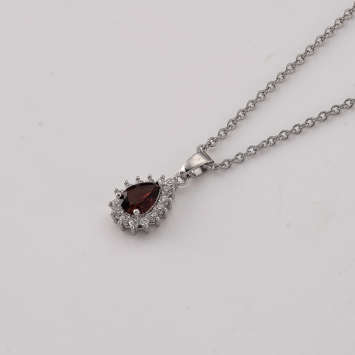 Mozambique Garnet and Simulated Diamond 2.00 ctw Pendant in Silvertone with Stainless Steel Necklace (20 Inches) image number 2