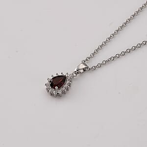 Mozambique Garnet and Simulated Diamond 2.00 ctw Pendant in Silvertone with Stainless Steel Necklace (20 Inches)