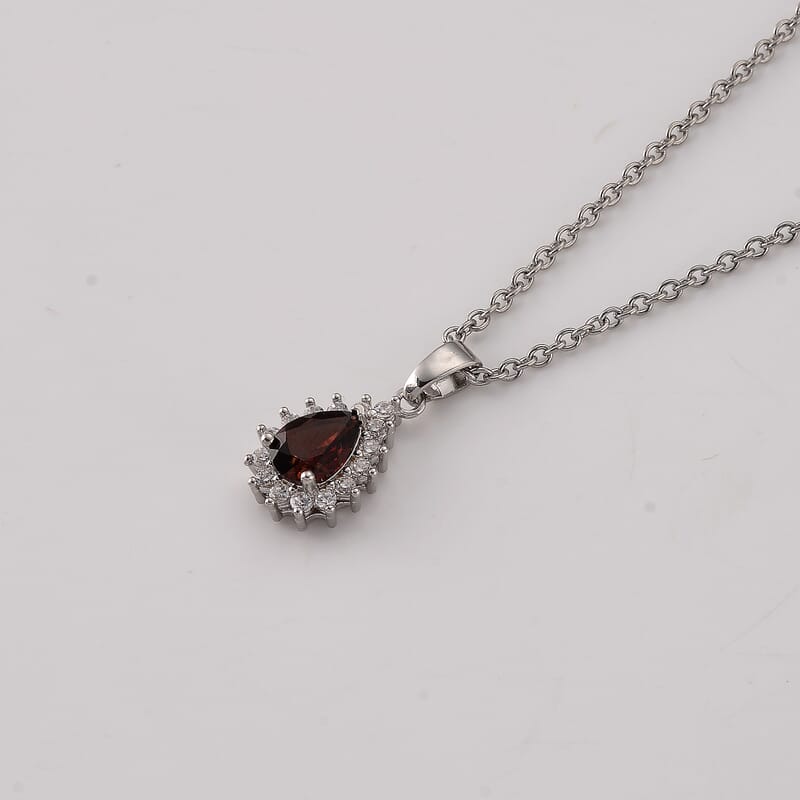 Mozambique Garnet and Simulated Diamond 2.00 ctw Pendant in Silvertone with Stainless Steel Necklace (20 Inches)