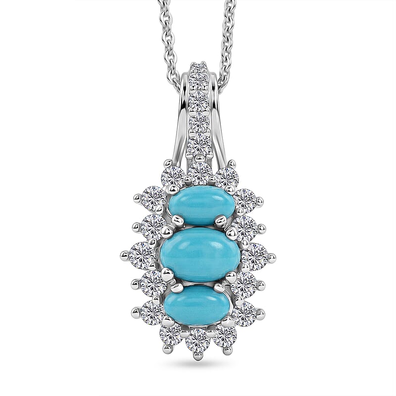 D'Joy Premium Sleeping Beauty Turquoise and Moissanite 1.35 ctw Royal Trilogy Pendant Necklace in Rhodium Over Sterling Silver 20 Inches