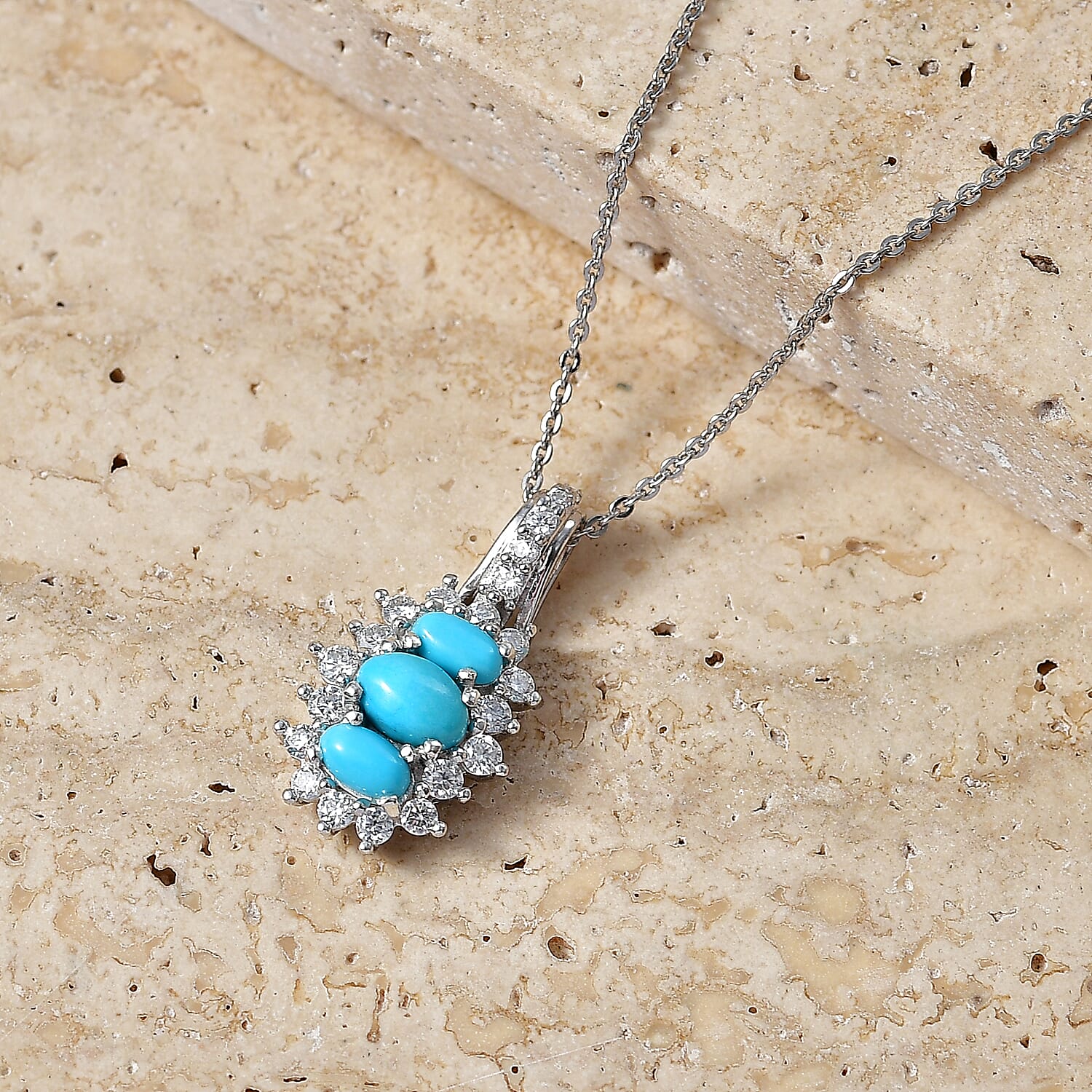 D'Joy Premium Sleeping Beauty Turquoise and Moissanite 1.35 ctw Royal Trilogy Pendant Necklace in Rhodium Over Sterling Silver 20 Inches