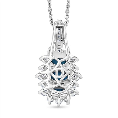 D'Joy Premium Sleeping Beauty Turquoise and Moissanite 1.35 ctw Royal Trilogy Pendant Necklace in Rhodium Over Sterling Silver 20 Inches
