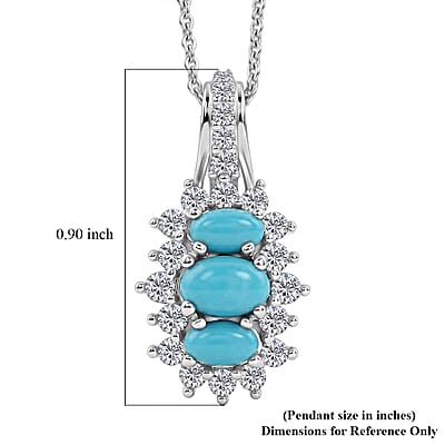 D'Joy Premium Sleeping Beauty Turquoise and Moissanite 1.35 ctw Royal Trilogy Pendant Necklace in Rhodium Over Sterling Silver 20 Inches
