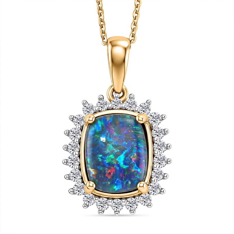 Premium Boulder Opal Triplet and Luxuriant Lab Grown Diamond G-H SI 2.85 ctw Pendant Necklace in 18K Vermeil Yellow Gold Over Sterling Silver (20 Inches)