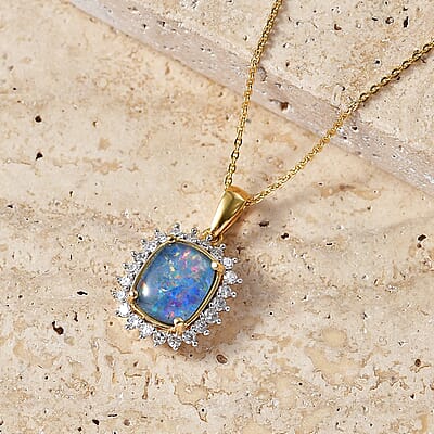 Premium Boulder Opal Triplet and Luxuriant Lab Grown Diamond G-H SI 2.85 ctw Pendant Necklace in 18K Vermeil Yellow Gold Over Sterling Silver (20 Inches)