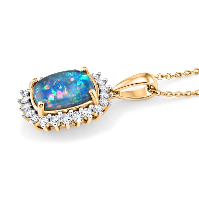 Premium Boulder Opal Triplet and Luxuriant Lab Grown Diamond G-H SI 2.85 ctw Pendant Necklace in 18K Vermeil Yellow Gold Over Sterling Silver (20 Inches)