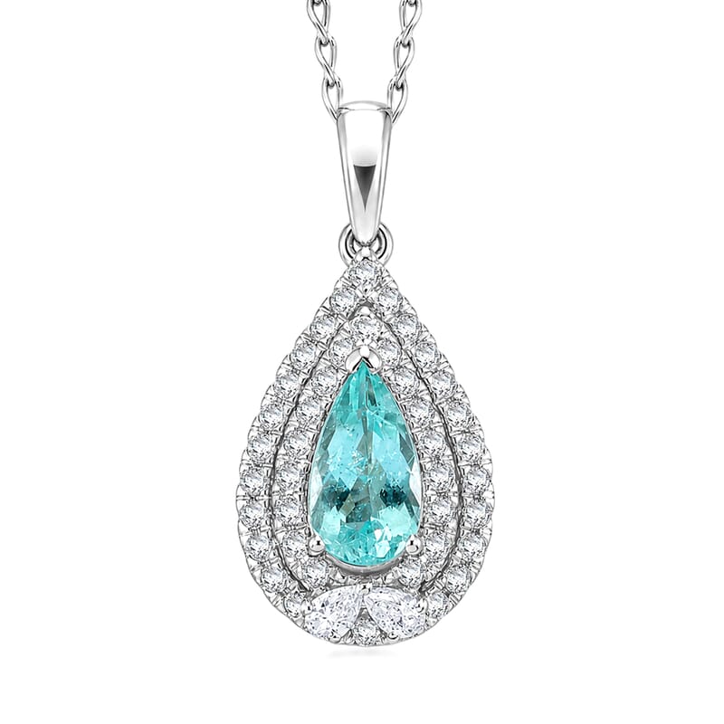 Certified and Appraised Rhapsody AAAA Paraiba Tourmaline and Diamond E-F VS 1.20 ctw Pendant Necklace in 950 Platinum (20 Inches)