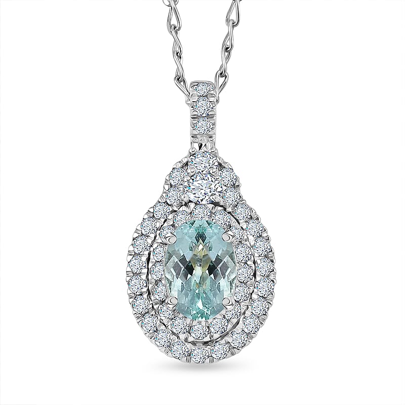 Certified and Appraised Rhapsody AAAA Paraiba Tourmaline and Diamond E-F VS 1.40 ctw Pendant Necklace in 950 Platinum 20 Inches