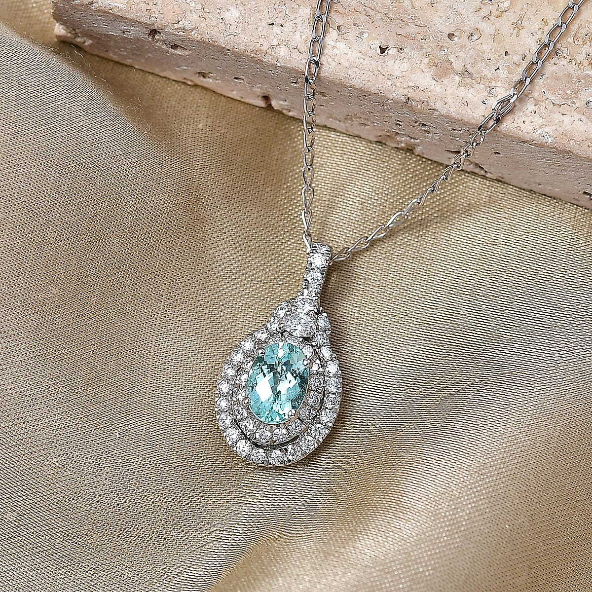 Certified & Appraised Rhapsody AAAA Paraiba Tourmaline and Diamond E-F VS 1.40 ctw Pendant Necklace in 950 Platinum (20 Inches) image number 1