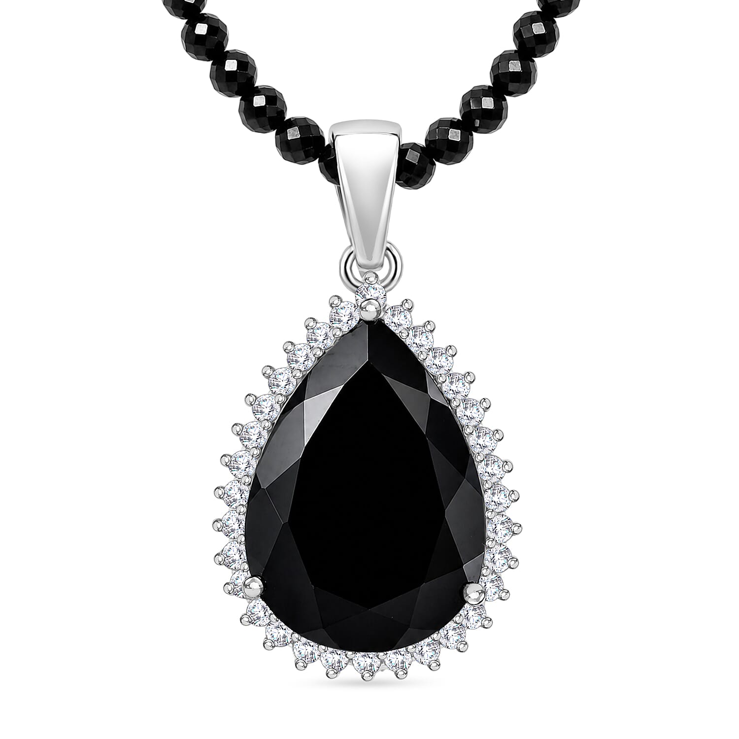 EverTrue Thai Black Spinel and White Zircon 63.85 ctw Glow Drop Pendant with Beaded Necklace in 18K YG Plated and Platinum Bond 20 Inches