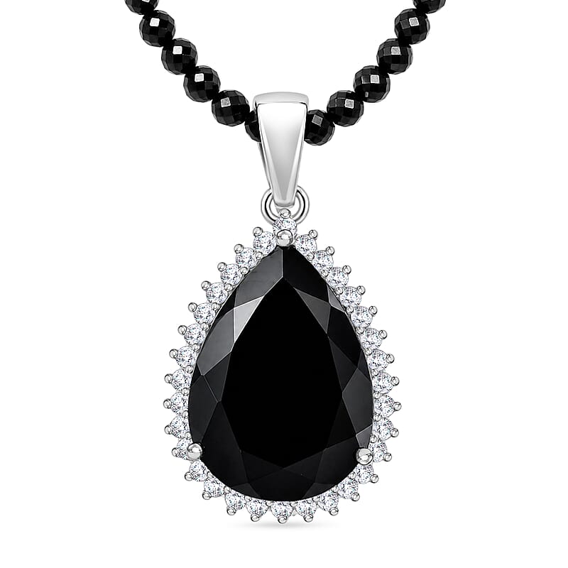 EverTrue Thai Black Spinel and White Zircon 63.85 ctw Glow Drop Pendant with Beaded Necklace in 18K YG Plated and Platinum Bond 20 Inches