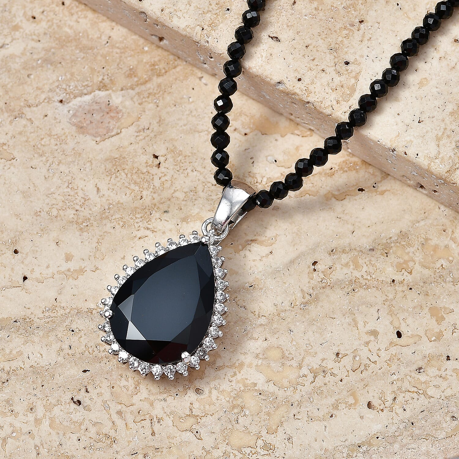 EverTrue Thai Black Spinel and White Zircon 63.85 ctw Glow Drop Pendant with Beaded Necklace in 18K YG Plated and Platinum Bond 20 Inches