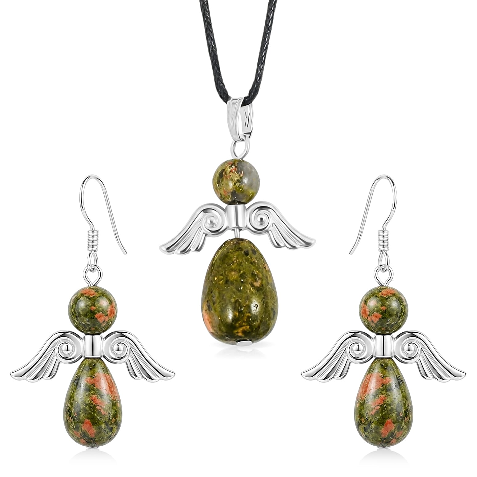 Angel Unakite 19.65 ctw Pendant Necklace 24 Inches and Earrings in Silvertone