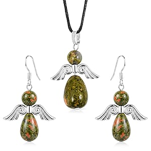 Angel Unakite 19.65 ctw Pendant Necklace 24 Inches and Earrings in Silvertone