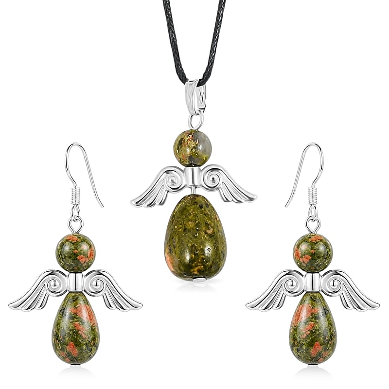 Angel Unakite 19.65 ctw Pendant Necklace 24 Inches and Earrings in Silvertone