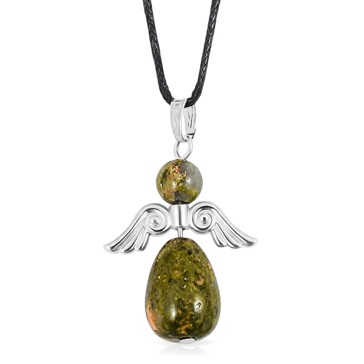 Angel Unakite 19.65 ctw Pendant Necklace 24 Inches and Earrings in Silvertone
