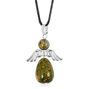 Angel Unakite 19.65 ctw Pendant Necklace 24 Inches and Earrings in Silvertone