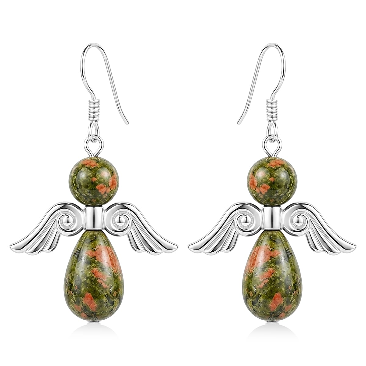 Angel Unakite 19.65 ctw Pendant Necklace 24 Inches and Earrings in Silvertone