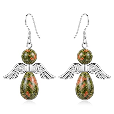 Angel Unakite 19.65 ctw Pendant Necklace 24 Inches and Earrings in Silvertone
