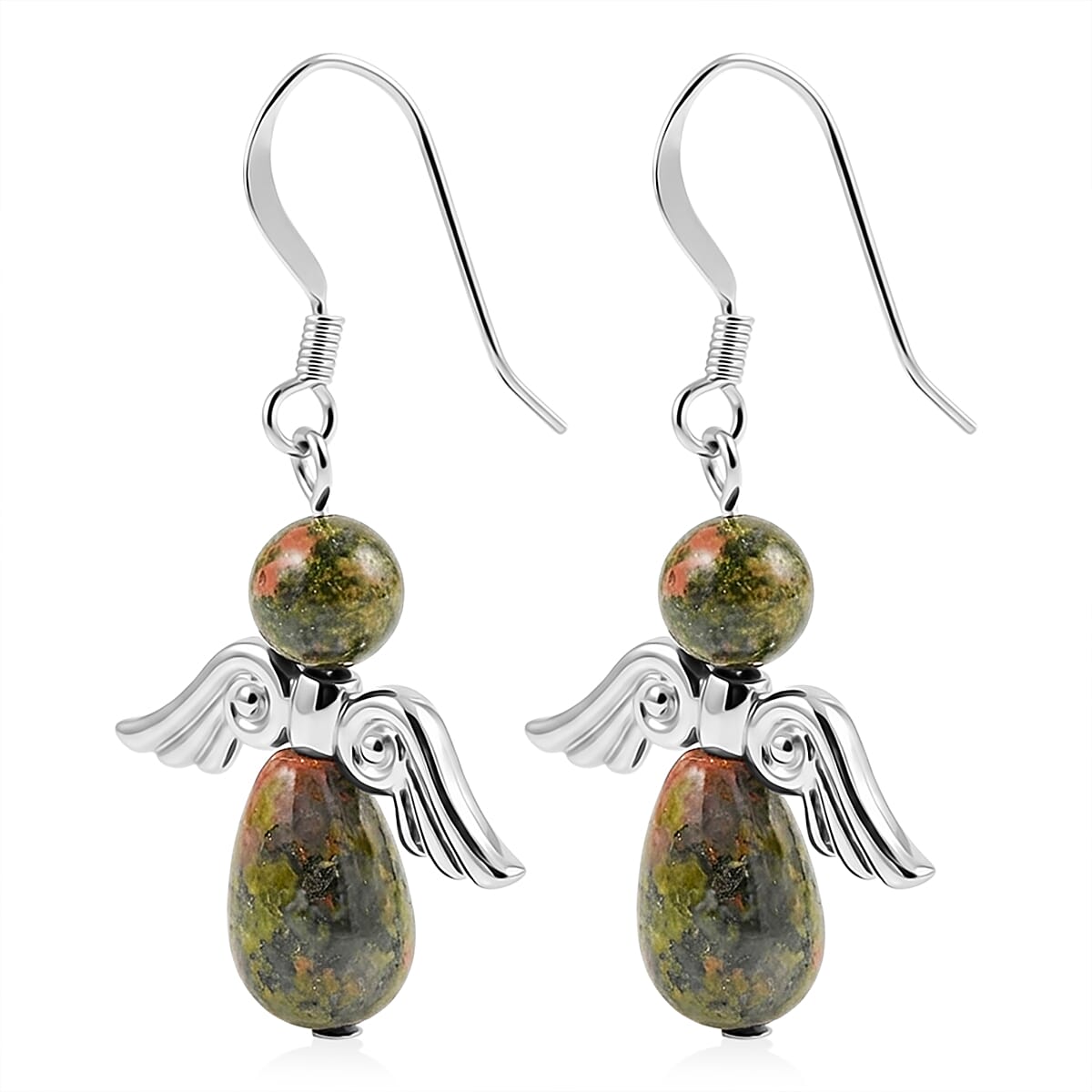 Angel Unakite 19.65 ctw Pendant Necklace 24 Inches and Earrings in Silvertone image number 7