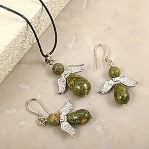 Angel Unakite 19.65 ctw Pendant Necklace 24 Inches and Earrings in Silvertone
