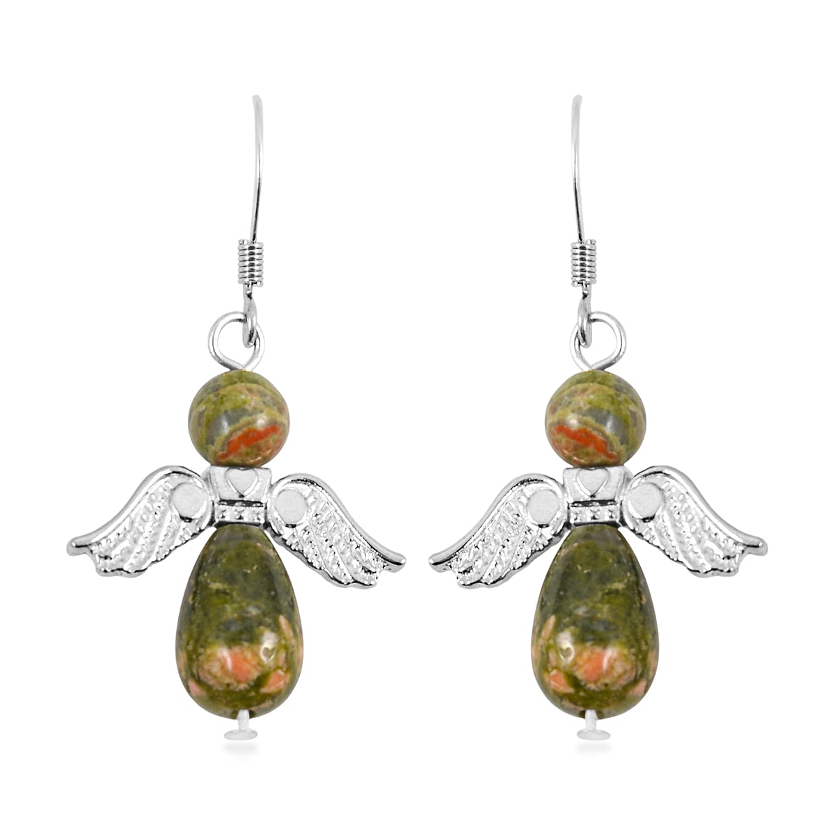 Angel Unakite 19.65 ctw Pendant Necklace 24 Inches and Earrings in Silvertone image number 3