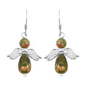 Angel Unakite 19.65 ctw Pendant Necklace 24 Inches and Earrings in Silvertone