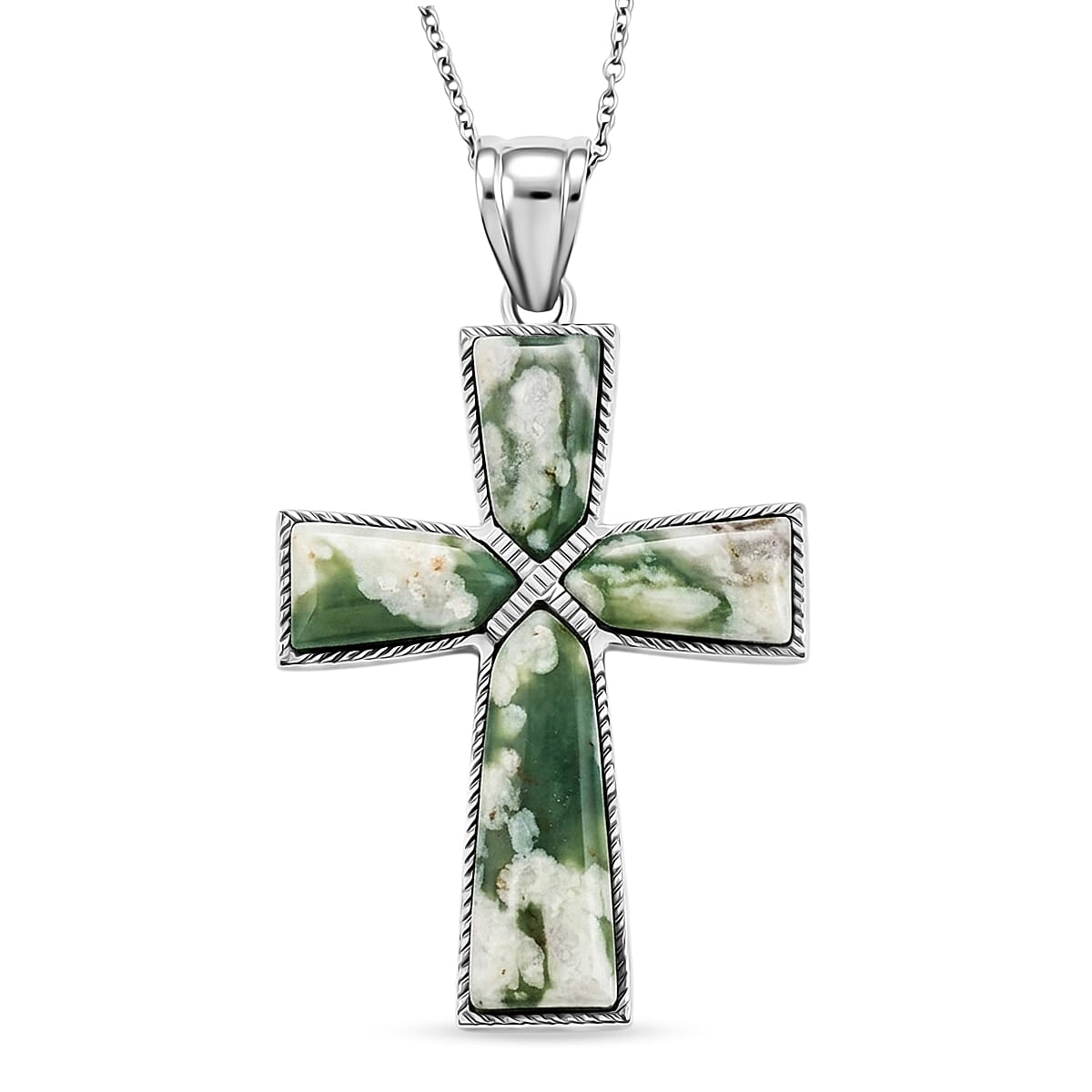 Peace Jasper 5.75 ctw Taper Cross Pendant in Silvertone with Stainless Steel Necklace 20 Inches