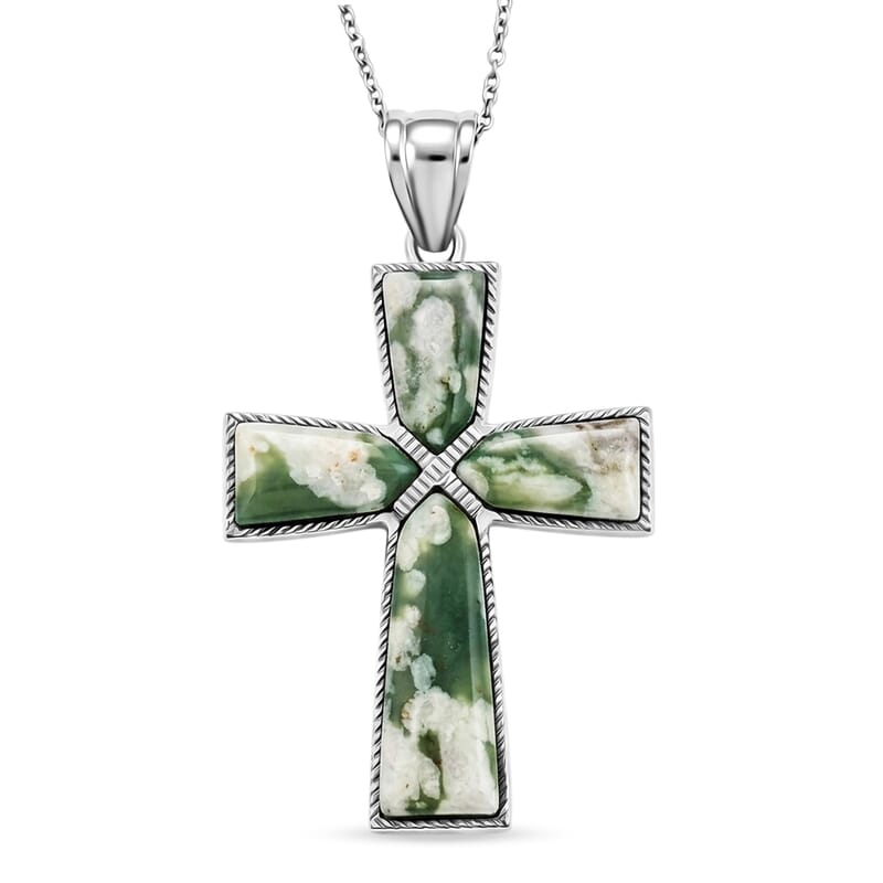 Peace Jasper 5.75 ctw Taper Cross Pendant in Silvertone with Stainless Steel Necklace 20 Inches