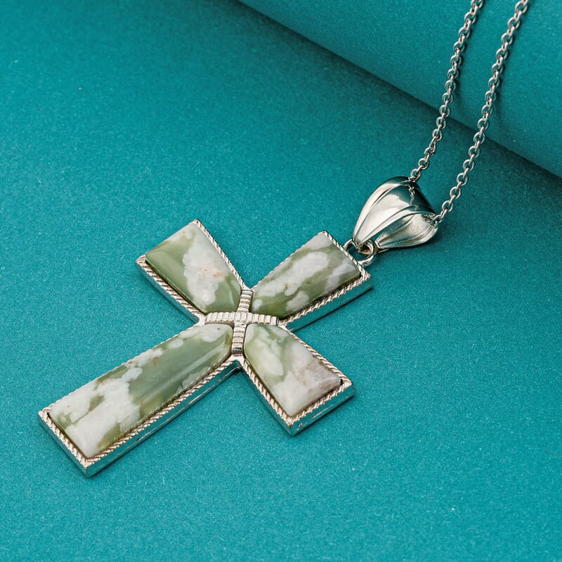 Peace Jasper 5.75 ctw Taper Cross Pendant in Silvertone with Stainless Steel Necklace 20 Inches