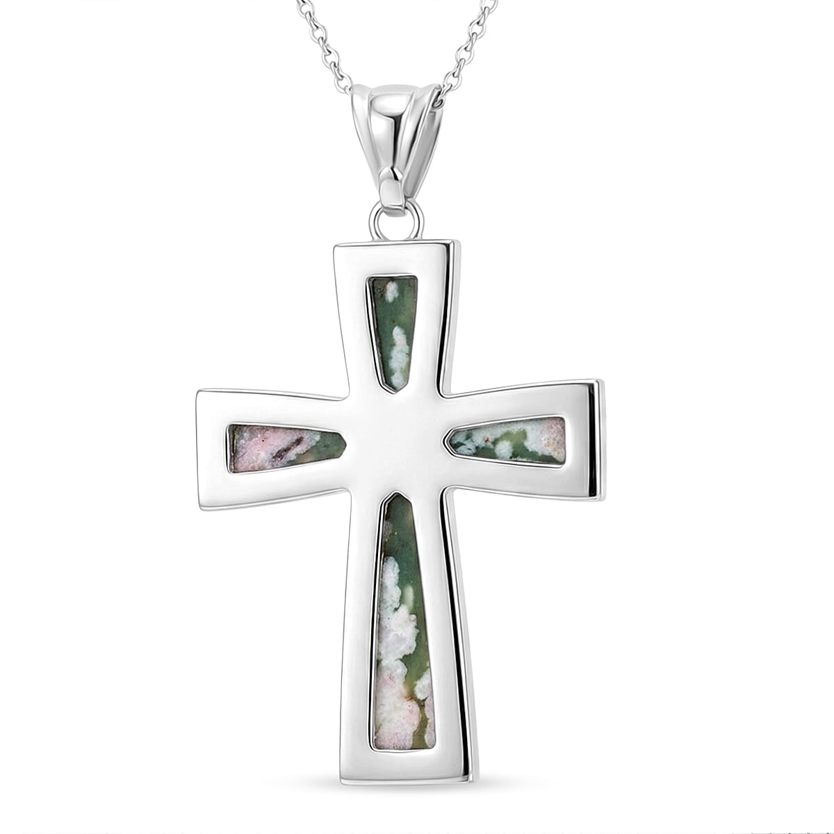 Peace Jasper 5.75 ctw Taper Cross Pendant in Silvertone with Stainless Steel Necklace 20 Inches