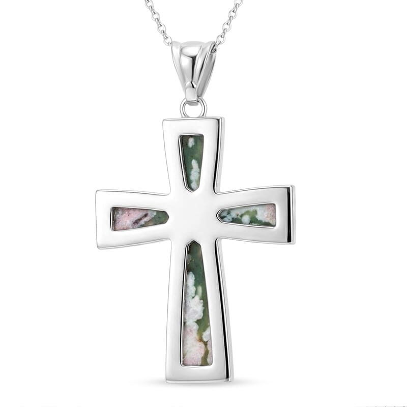 Peace Jasper 5.75 ctw Taper Cross Pendant in Silvertone with Stainless Steel Necklace 20 Inches