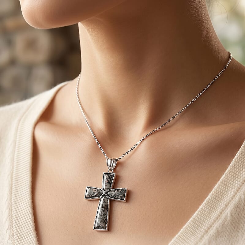 Insect Fossil Jasper 5.75 ctw Taper Cross Pendant in Silvertone with Stainless Steel Necklace 20 Inches