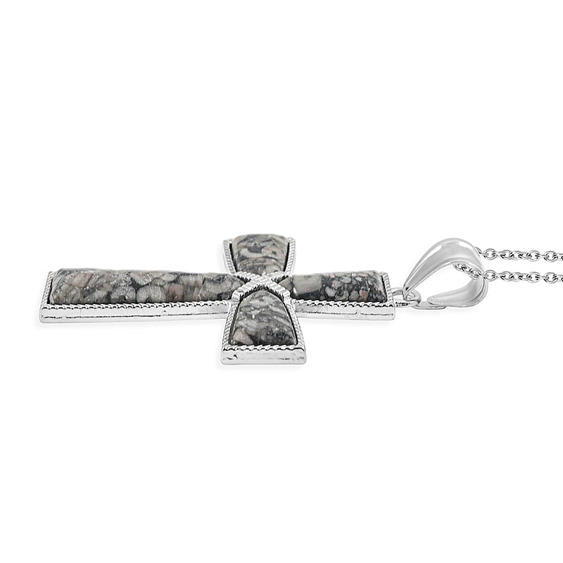 Insect Fossil Jasper 5.75 ctw Taper Cross Pendant in Silvertone with Stainless Steel Necklace 20 Inches