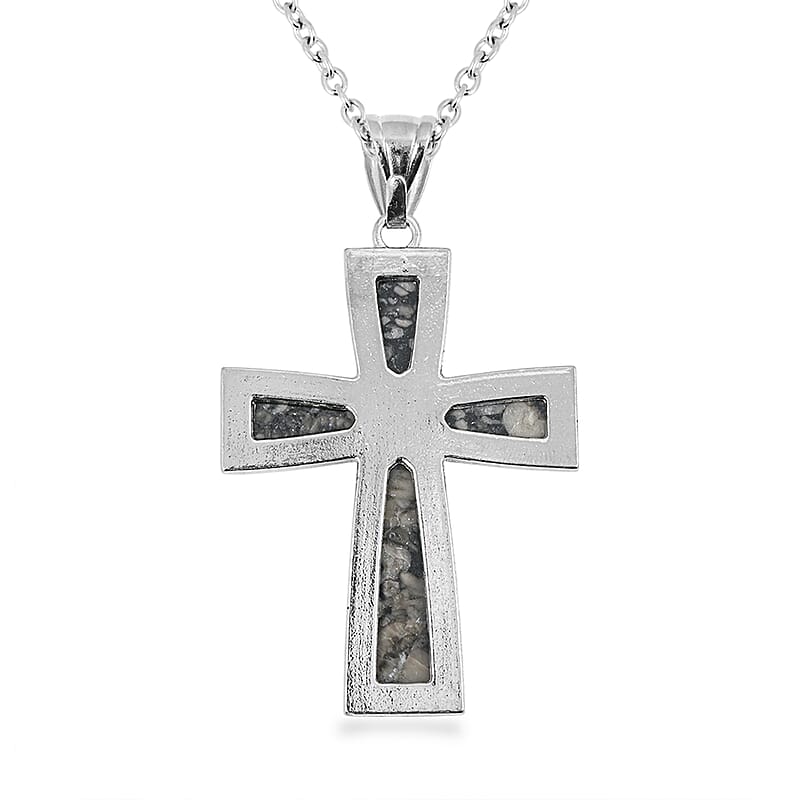 Insect Fossil Jasper 5.75 ctw Taper Cross Pendant in Silvertone with Stainless Steel Necklace 20 Inches