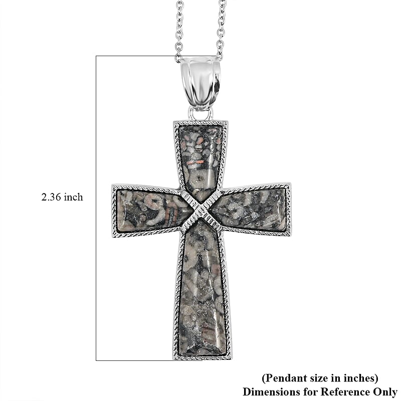 Insect Fossil Jasper 5.75 ctw Taper Cross Pendant in Silvertone with Stainless Steel Necklace 20 Inches