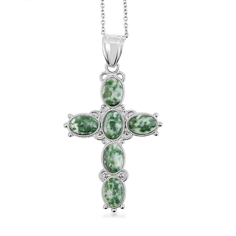 Cross Oval Green Spot Agate 7.20 ctw Pendant in Silvertone with Stainless Steel Necklace 20 Inches