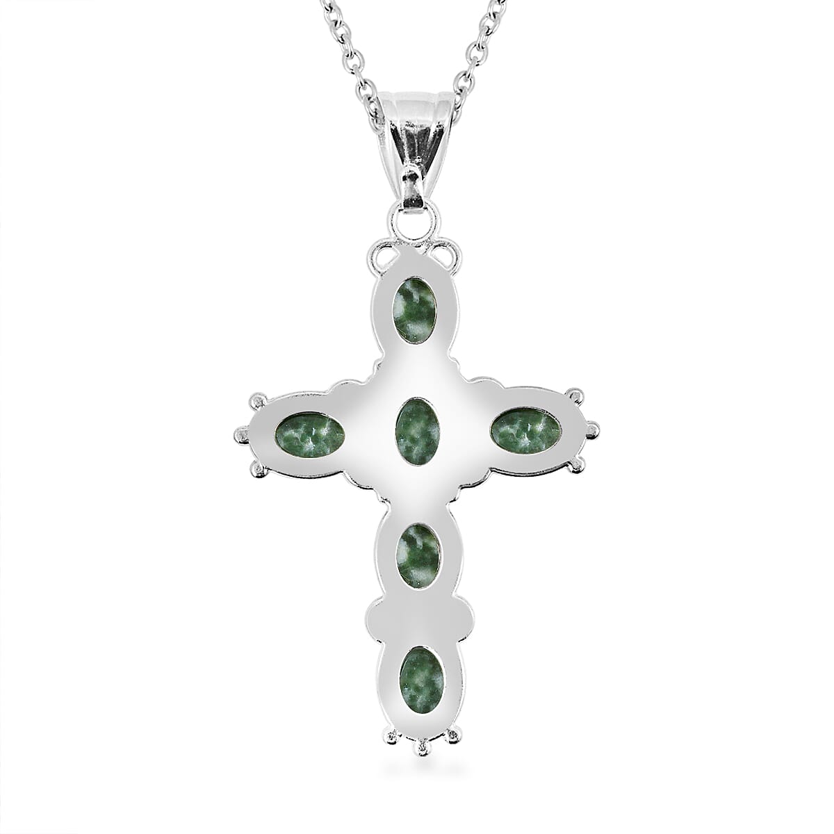 Cross Oval Green Spot Agate 7.20 ctw Pendant in Silvertone with Stainless Steel Necklace 20 Inches