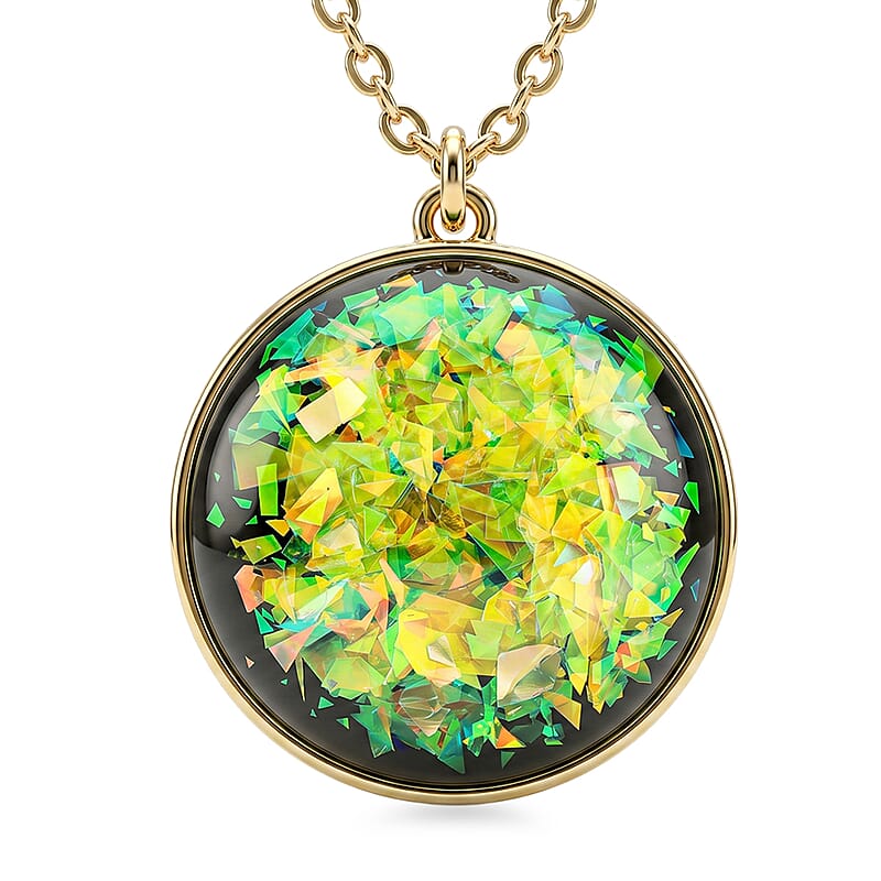 Round Lab Created Opal 24.90 ctw Pendant in Goldtone with Stainless Steel Necklace 16-18 Inches