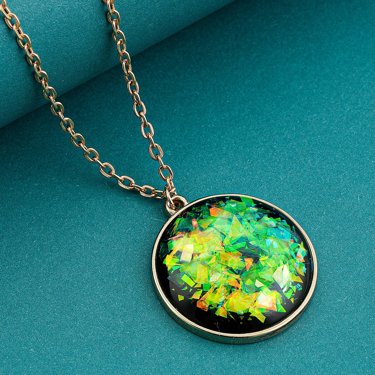 Round Lab Created Opal 24.90 ctw Pendant in Goldtone with Stainless Steel Necklace 16-18 Inches image number 1