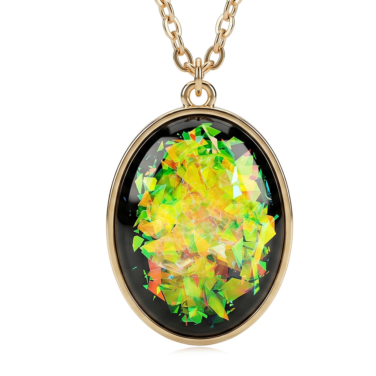 Oval Lab Created Opal 37.85 ctw Pendant in Goldtone with Stainless Steel Necklace 16-18 Inches