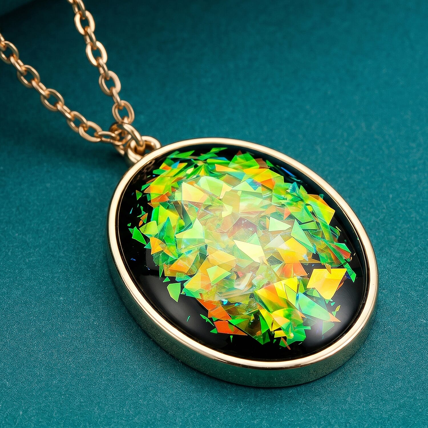 Oval Lab Created Opal 37.85 ctw Pendant in Goldtone with Stainless Steel Necklace 16-18 Inches